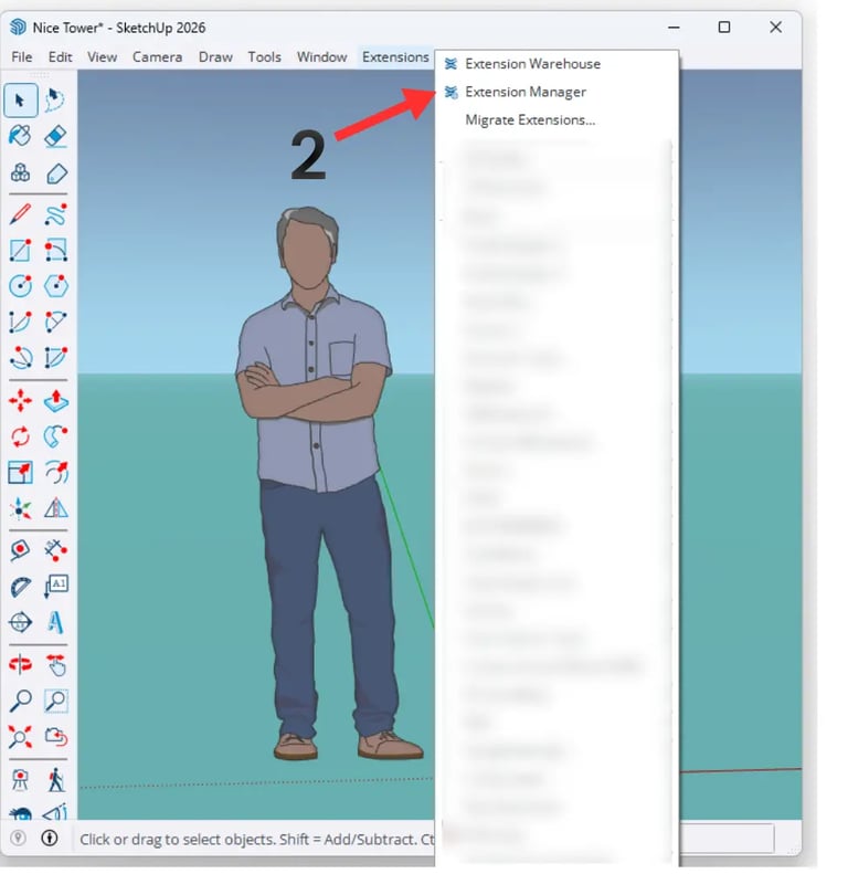 How to Install SketchUp Plugins (.RBZ) – Step-by-Step Guide 2 Opening Extension Manager in SketchUp