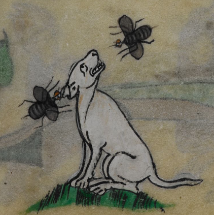 Details of bees and dog from Maastricht Book of Hours, BL Stowe MS.17, f. 48r