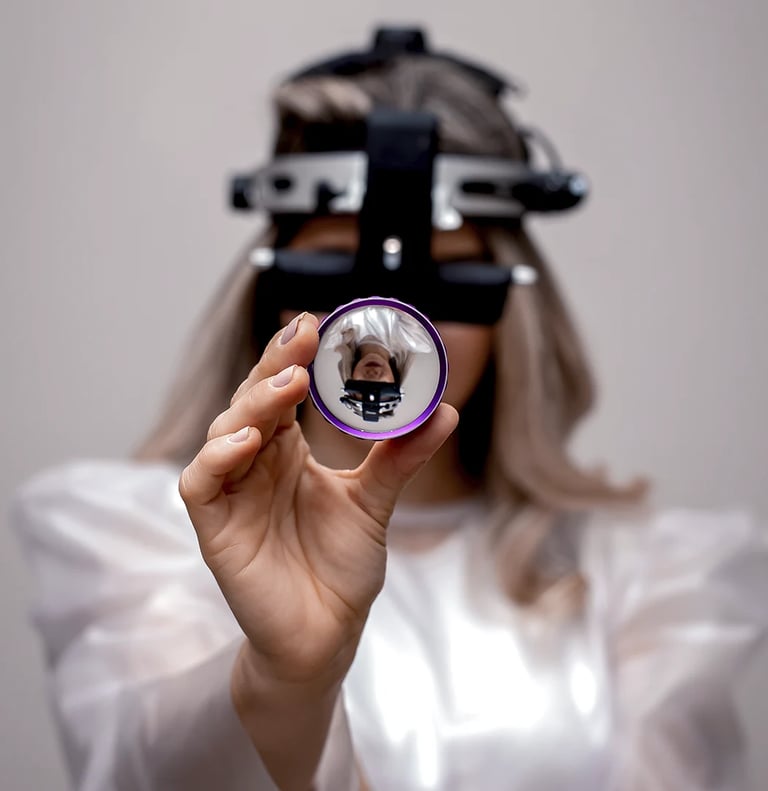 Mulher utilizando lente de prova e equipamento oftalmológico de refração, segurando uma lente