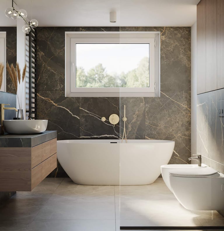 Badkamer met bad en hangtoilet  marmerlook 