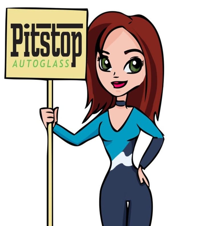 Cartoon illustration of a redhead woman holding a Pitstop Autoglass sign.