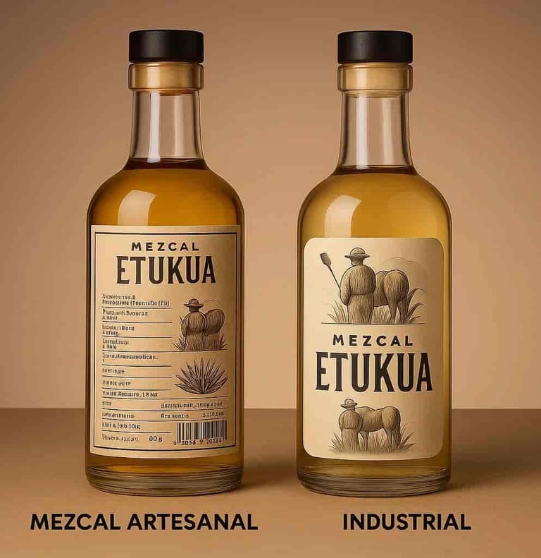 Comparación visual entre una etiqueta de mezcal artesanal detallada y una industrial genérica