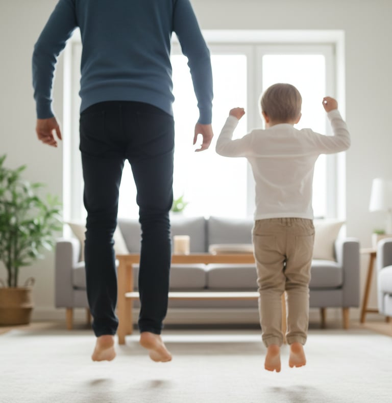 Parent and child jumping and counting numbers indoors