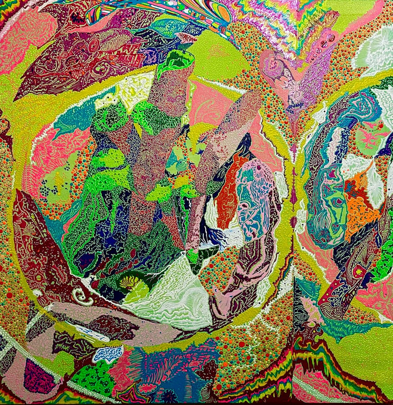 A vibrant, intricate psychedelic painting featuring swirling patterns, bright neon colors, and textured dots creating an