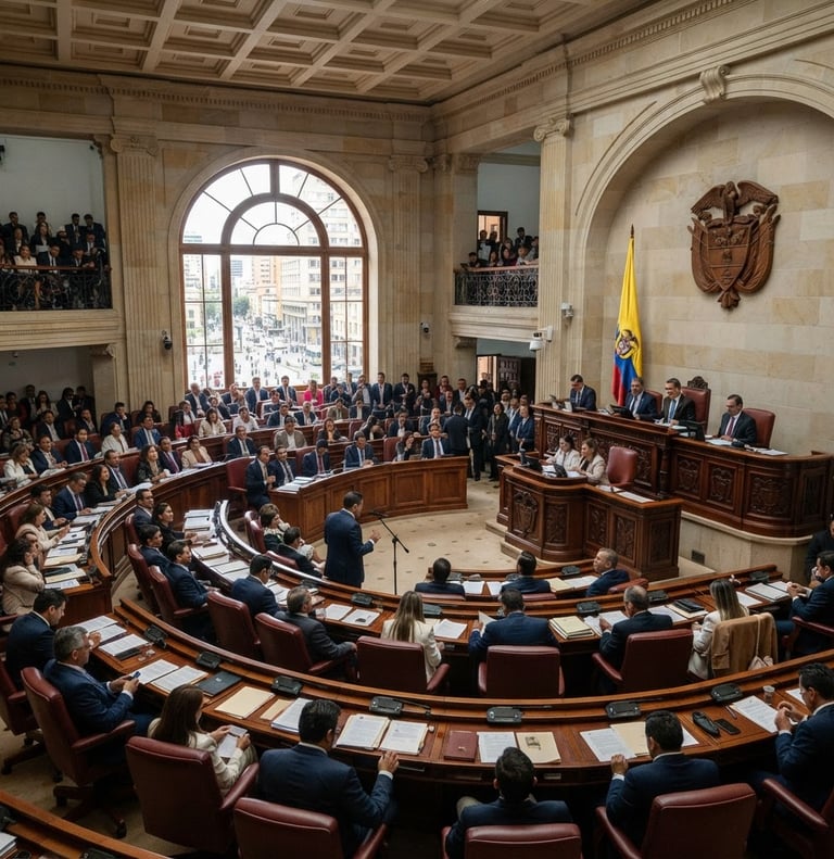 Wide shot of Colombian Congress in session, natural daylight, serious atmosphere, focus on the legislative chamber, editorial photojournalism style.