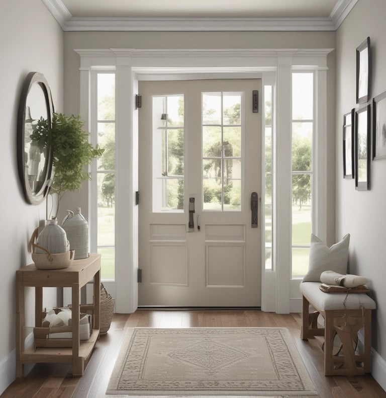 Modern farmhouse entryway with white double doors, black hardware, soft neutral decor, and natural l