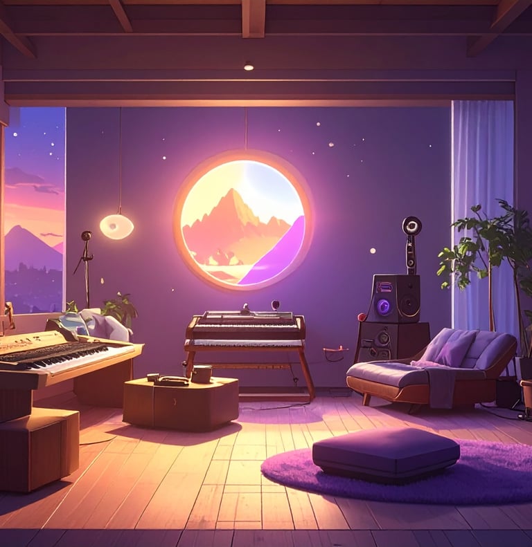 Warm music studio at sunset — synthesizers, speakers and ambient lighting.