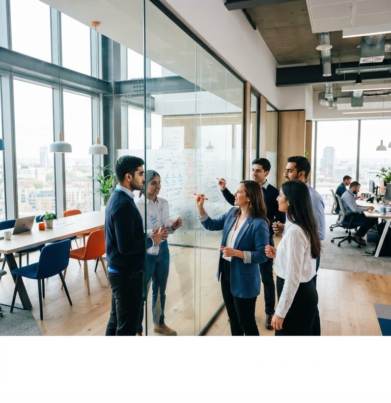 Wide shot of a modern, bright collaborative workspace with clean lines, natural light, and a team sketching on a whiteboard, crisp corporate blue and sharp orange accents, high-contrast, 35mm.