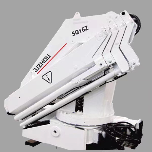 16 ton knuckle boom crane operating, lifting heavy objects with hydraulic power.