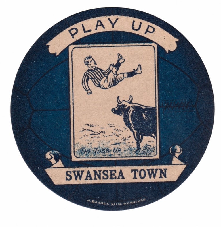 Vintage Swansea Town football club badge featuring a player tossed in the air by a bull.