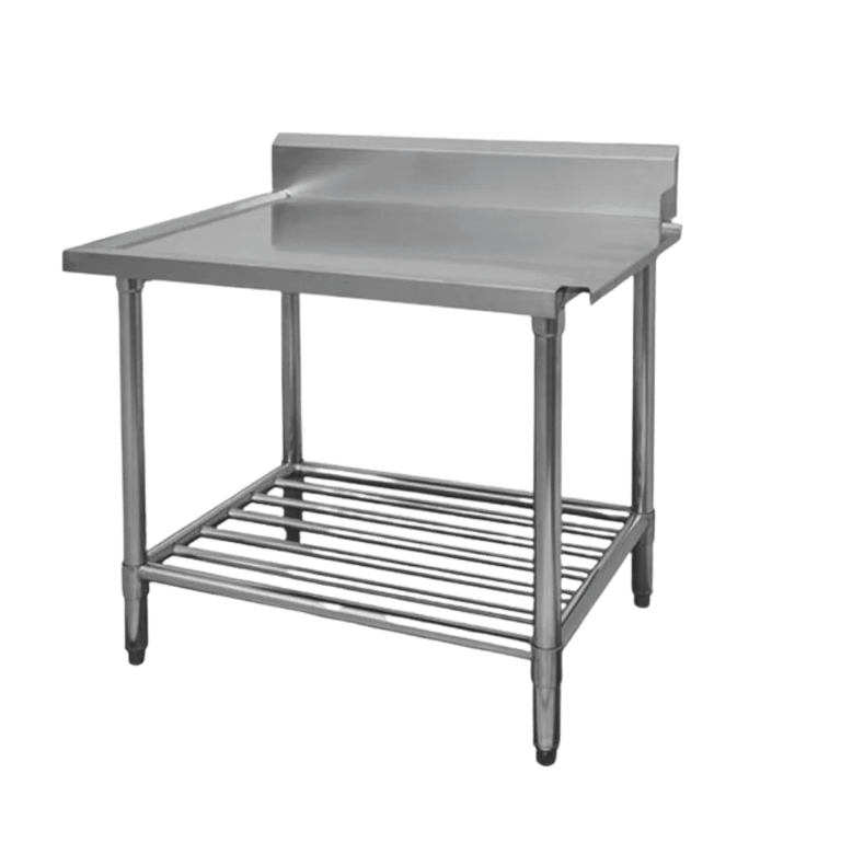 Stainless steel pass-through dishwasher inlet and outlet benches with a pipe undershelf.