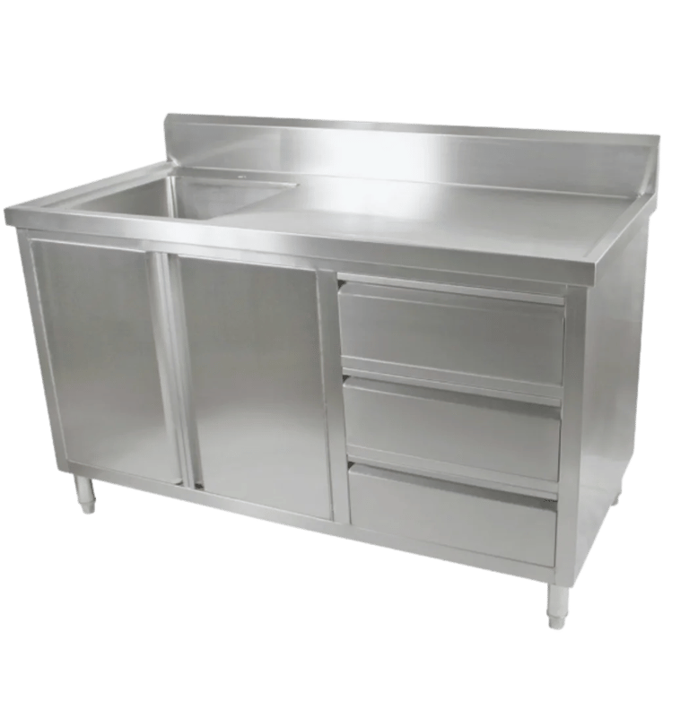 Stainless steel kitchen tidy cabinet with sink beside a large prep area.