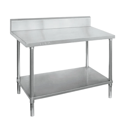 One of our stainless steel benches with splashback featuring a solid lower shelf and adjustable legs.