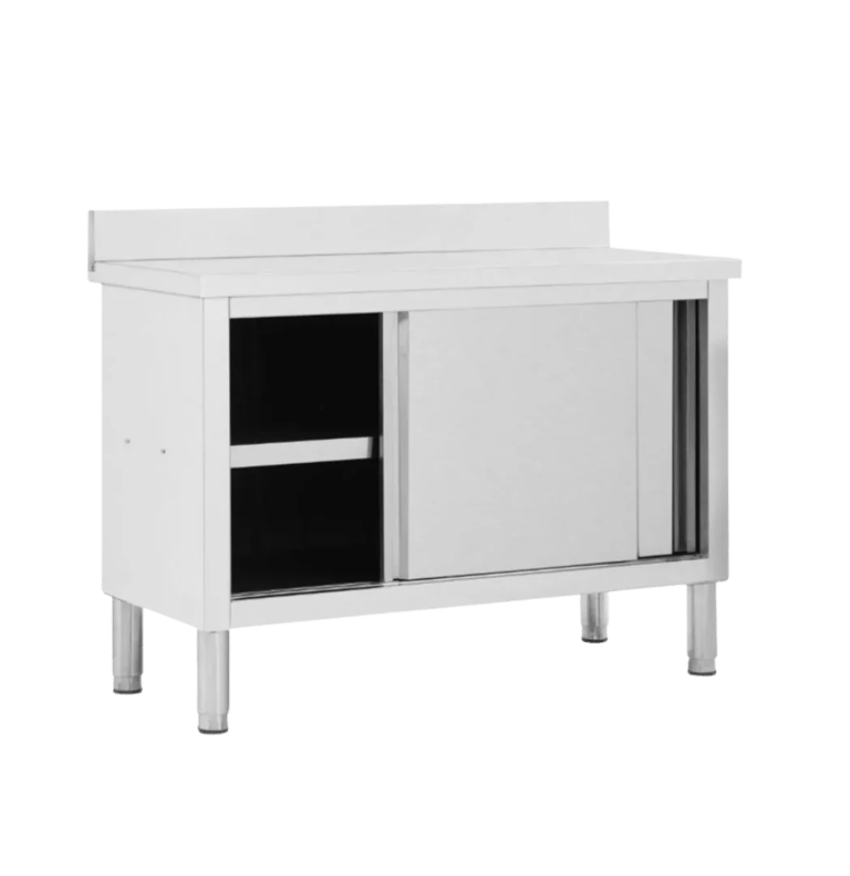 Stainless steel benches with cabinet featuring sliding doors and adjustable bullet feet.