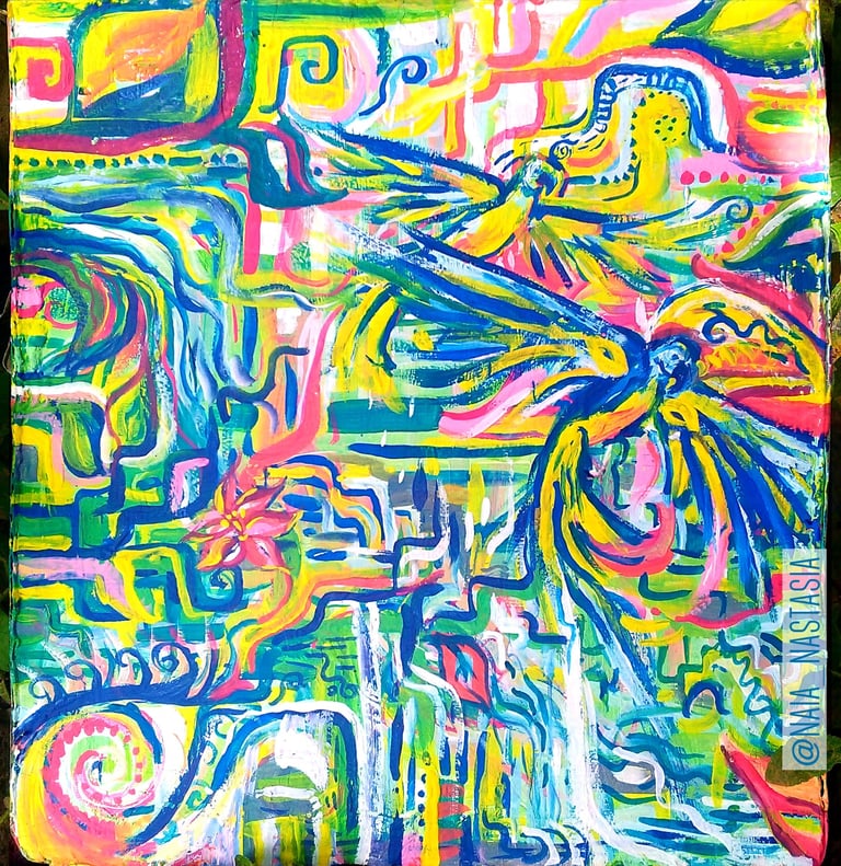 peinture aux couleurs vives entre abstrait et concret, avec fleurs cascade et perroquets