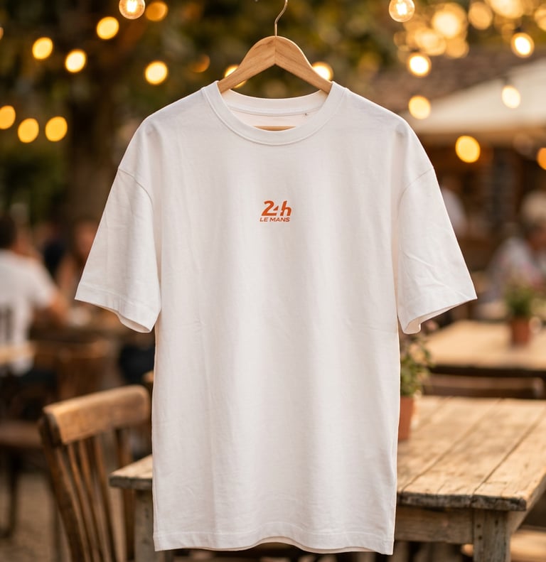 White 24h Le Mans graphic t-shirt hanging outdoors on a wooden hanger with warm string lights.
