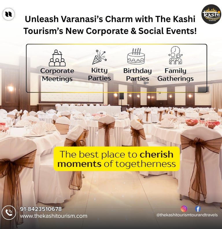 Elegant banquet hall decorated for corporate meetings, kitty parties, birthday celebrations.