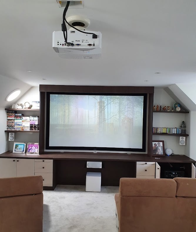MountMyTV - Epson ceiling mounted projector, 100" fixed frame screen and Wharfdale home cinema