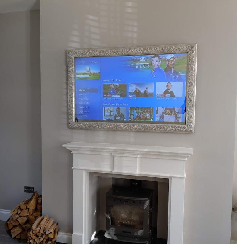 MountMyTV - Samsung 65" TV and custom made TV frame with mirror glass
