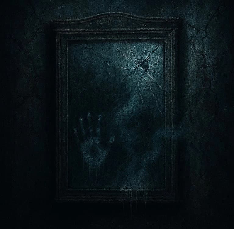 Illustrated horror scene of a cracked, frost‑covered mirror on a decaying wall, glowing with eerie blue light, with a ghostly