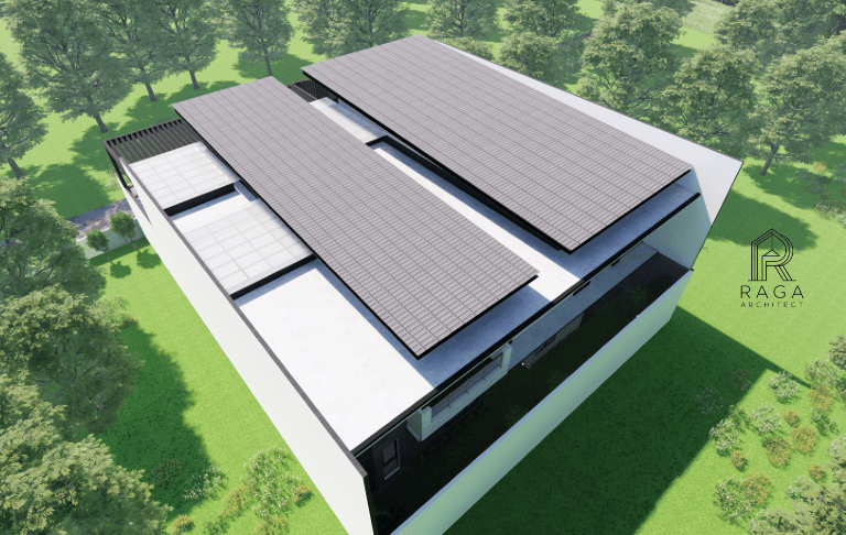 Eksterior rumah Mrs. Fitri di Tasikmalaya, rancangan Raga Architect, menonjolkan atap datar modern