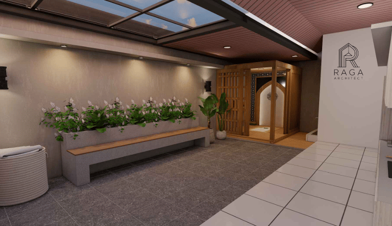 Interior rumah dengan dapur terbuka yang terhubung langsung ke ruang keluarga