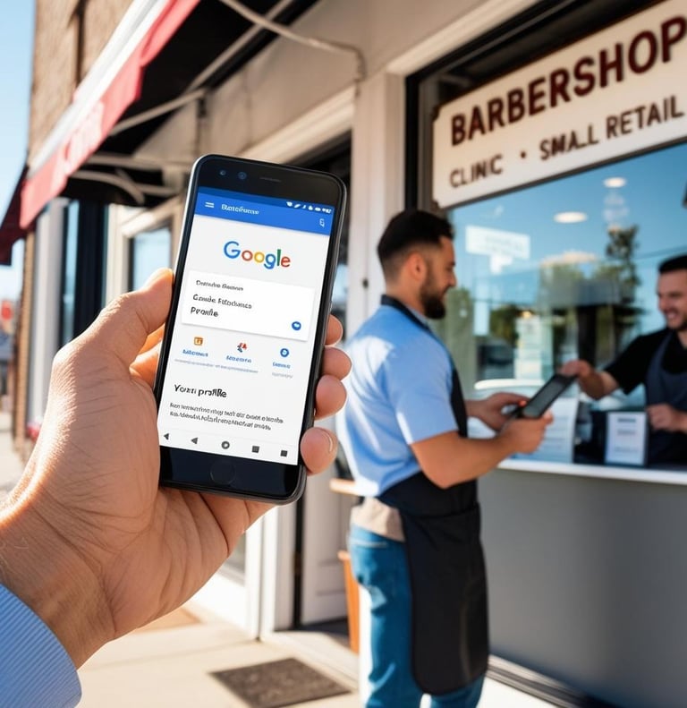 Person with cell phone in hand, with Google search page open, looking for local business and finding