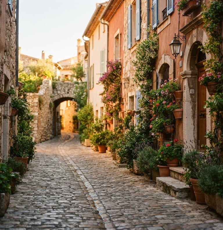 Wide panoramic view of a sun-drenched cobblestone alleyway in a European village, warm golden hour light, empty of people, with potted plants and charming architecture on the right side, shallow depth of field, 35mm film look