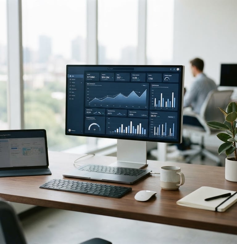 Modern, clean workspace with natural light, a high-end desk setup showing a clean data dashboard, subtle screens, 35mm, bright natural daylight, shallow depth of field