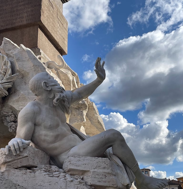 The Nile River God statue at Bernini's Fountain of the Four Rivers in Piazza Navona, Rome.