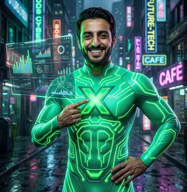 Captain Insight in a neon green superhero suit viewing digital data analytics in a cyberpunk city.