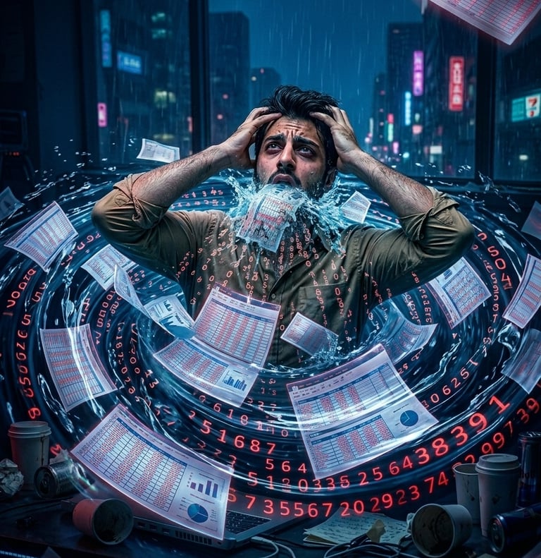 Stressed Data Analyst  drowning in a whirlpool of financial data and spreadsheets.