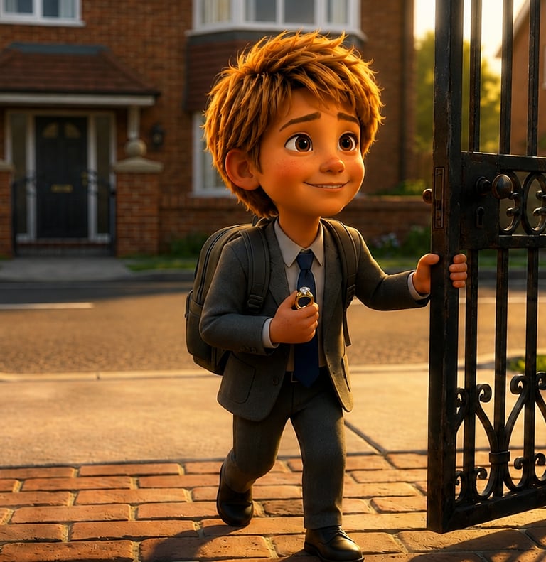 A happy young boy in a school uniform opens a metal gate to start his first day of school.