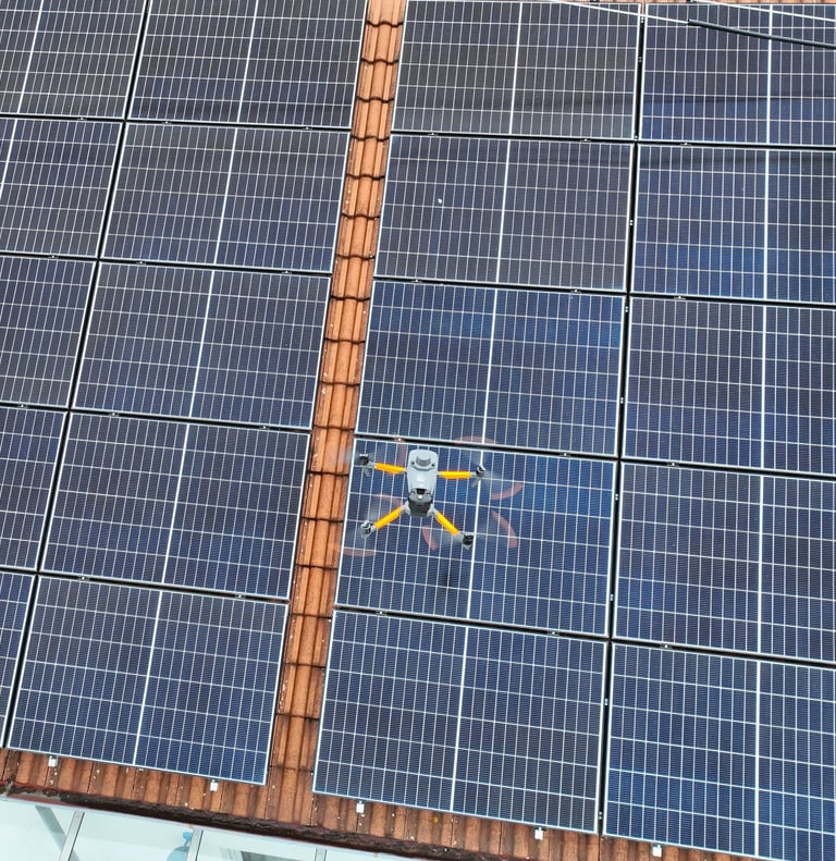 A thermal imaging drone flying over a residential rooftop solar panel array for maintenance inspection.