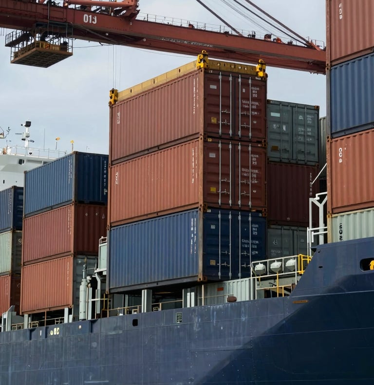 Close-up wide panoramic view of shipping containers being loaded onto a cargo vessel at an Indonesian port, container crane visible upper left, overcast cool daylight, no people in foreground, industrial scale and organized logistics visible, dark steel and brown container surfaces