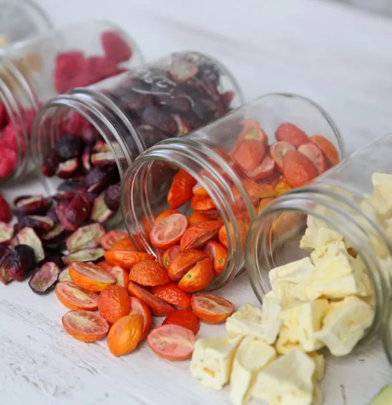 Image of a row of tipped jars, each filled with different freeze-dried goods.