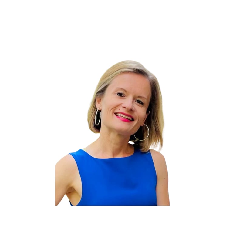 Portrait if Laura Burtan, the founder of Meditation for Change, wearing a royal blue dress.