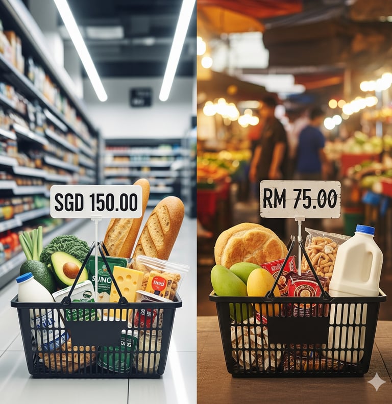 Lower cost of living in Malaysia. Grocery cost in Singapore (SGD 150) vs. Malaysia (RM 75).