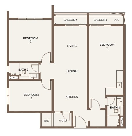 Bukit Chagar Living Type D dual key layout – 3 bedrooms, 2 bathrooms, 1 balcony