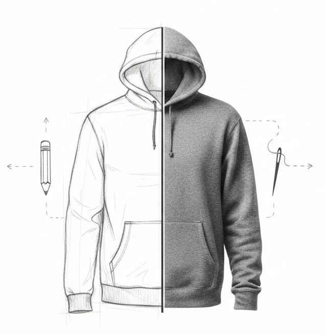 Split-screen image showing a hoodie as a technical sketch and a finished garment.