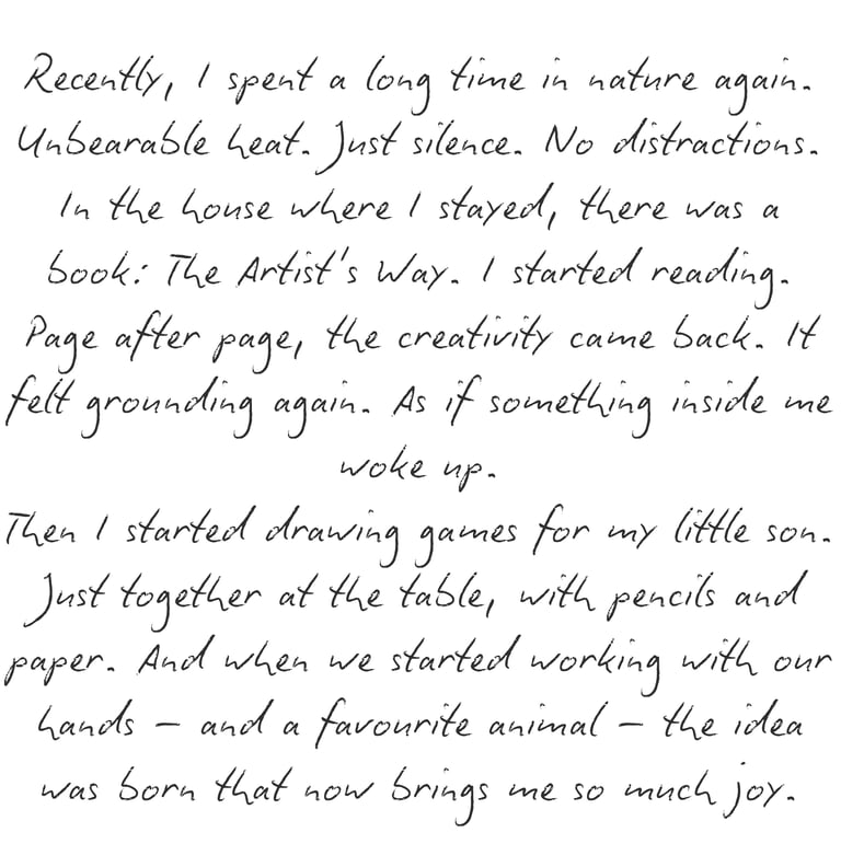 Handwritten note about rediscovering creativity through nature, reading The Artist's Way, and drawing.
