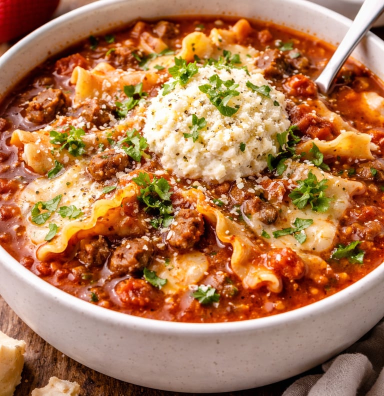 A bowl of hearty lasagna soup topped with a dollop of ricotta cheese, fresh parsley, and ground beef.