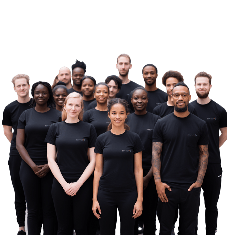 a group of people standing in front of a black background