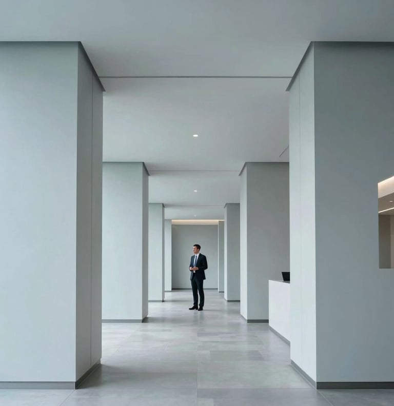 A minimalist, modern corporate lobby with clean lines and architectural depth. A professional figure in business attire stands in the background, representing leadership and strategic vision within a Global Business / Corporate context. Palette includes light grey and pale blue.