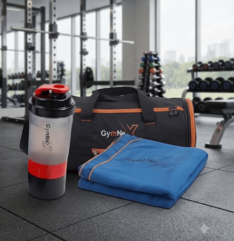 Gym bag, blue microfiber towel, and protein shaker bottle on a fitness center floor.