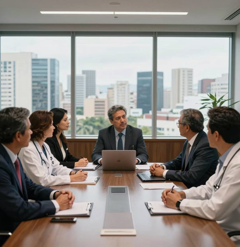 A group of South American healthcare executives in a strategic meeting within a modern boardroom. View of a Brazilian city skyline through the window. Professional, trustworthy mood, cinematic lighting.