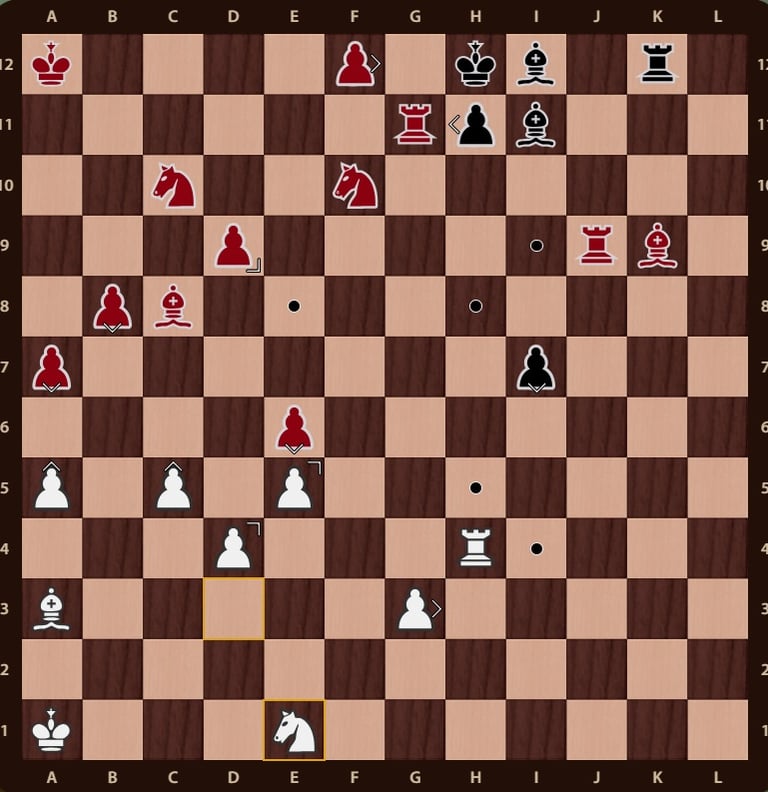 Problema Quaternity en un tablero de 12x12 con 144 casillas y 4 ejercitos de colores. Mueven rojass.