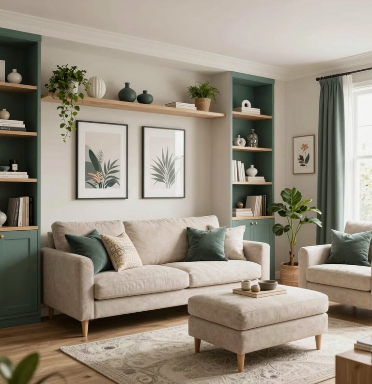 A bright, sunlit studio apartment corner with a multi-functional oak desk, a textured cream lounge chair, and a tall leafy plant in soft morning light