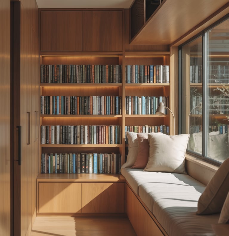 A small ADU interior showing a clearly defined reading nook built into the main living space, featur