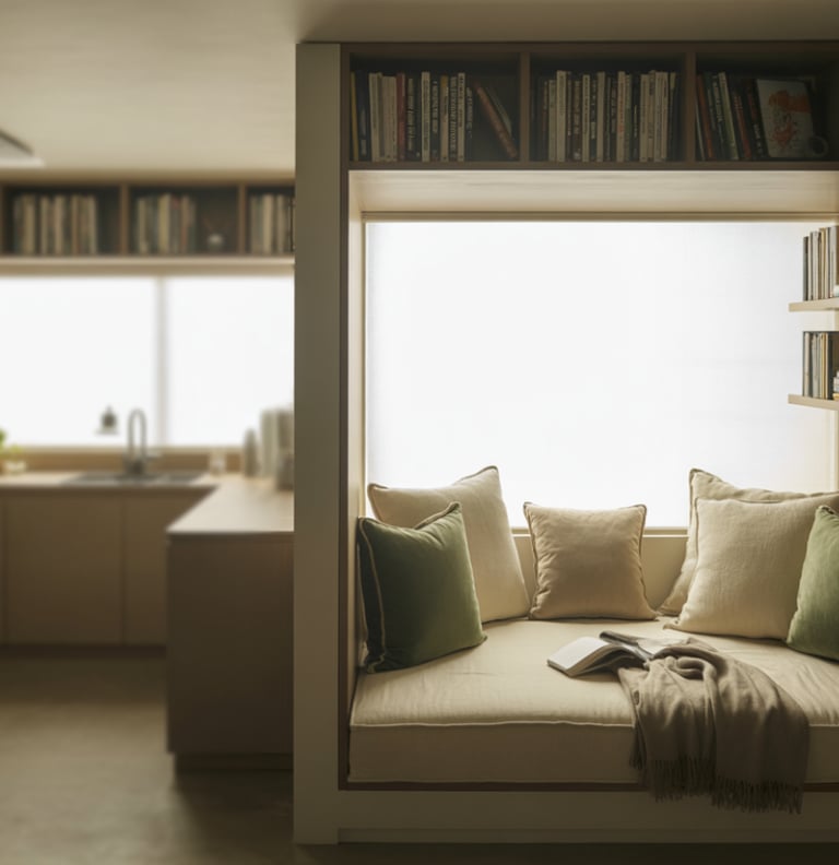 A small ADU interior showing a clearly defined reading nook built into the main living space, featur